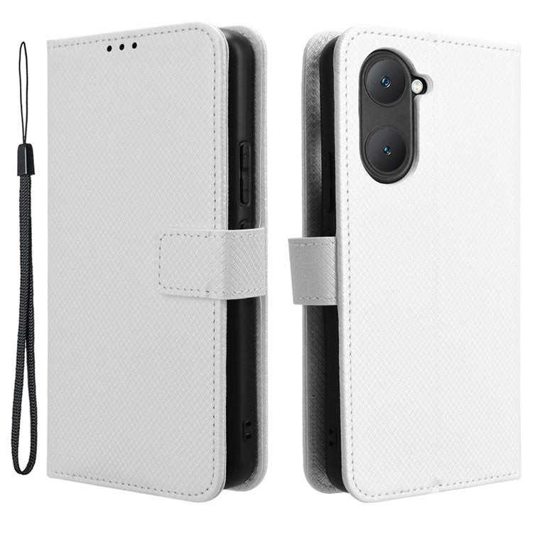 For vivo Y28s 5G / T3 Lite 5G / Y03 / Y18 4G / Y18e 4G Wallet Case Diamond Texture Stand PU Leather Phone Cover - White