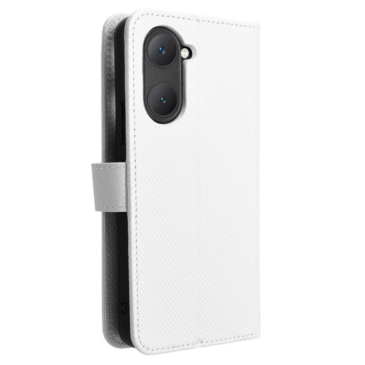 For vivo Y28s 5G / T3 Lite 5G / Y03 / Y18 4G / Y18e 4G Wallet Case Diamond Texture Stand PU Leather Phone Cover - White