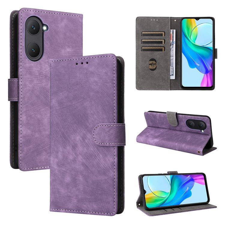 For vivo Y28s 5G / T3 Lite 5G / Y03 / Y18 4G / Y18e 4G Case PU Leather Stand RFID Blocking Flip Phone Cover with Strap - Purple