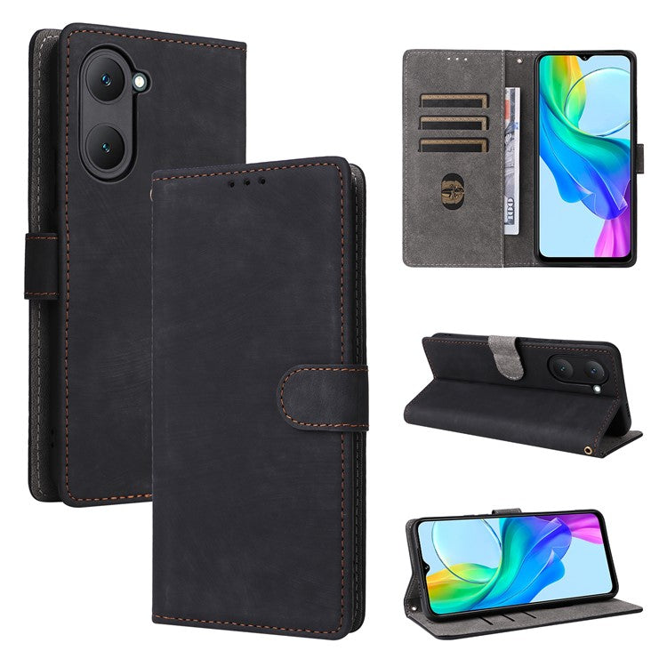 For vivo Y28s 5G / T3 Lite 5G / Y03 / Y18 4G / Y18e 4G Case PU Leather Stand RFID Blocking Flip Phone Cover with Strap - Black