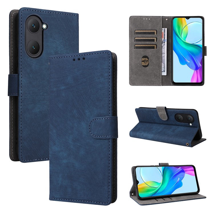 For vivo Y28s 5G / T3 Lite 5G / Y03 / Y18 4G / Y18e 4G Case PU Leather Stand RFID Blocking Flip Phone Cover with Strap - Blue