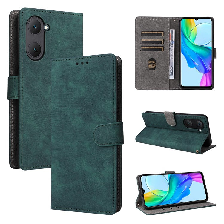 For vivo Y28s 5G / T3 Lite 5G / Y03 / Y18 4G / Y18e 4G Case PU Leather Stand RFID Blocking Flip Phone Cover with Strap - Green