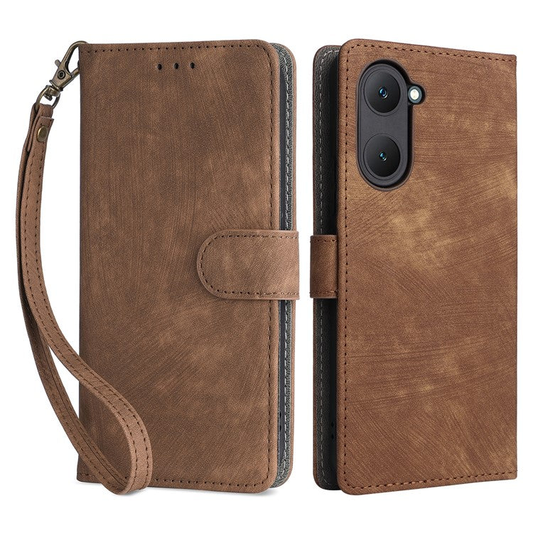 For vivo Y28s 5G / T3 Lite 5G / Y03 / Y18 4G / Y18e 4G Case PU Leather Stand RFID Blocking Flip Phone Cover with Strap - Brown