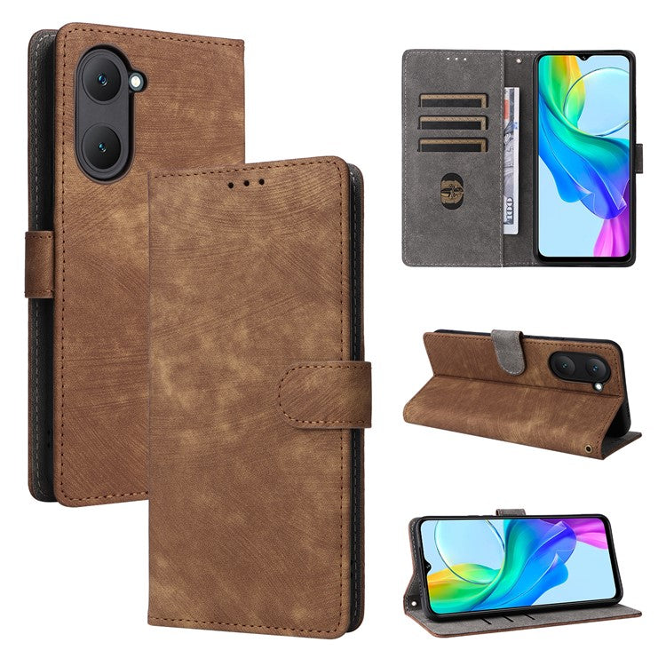 For vivo Y28s 5G / T3 Lite 5G / Y03 / Y18 4G / Y18e 4G Case PU Leather Stand RFID Blocking Flip Phone Cover with Strap - Brown