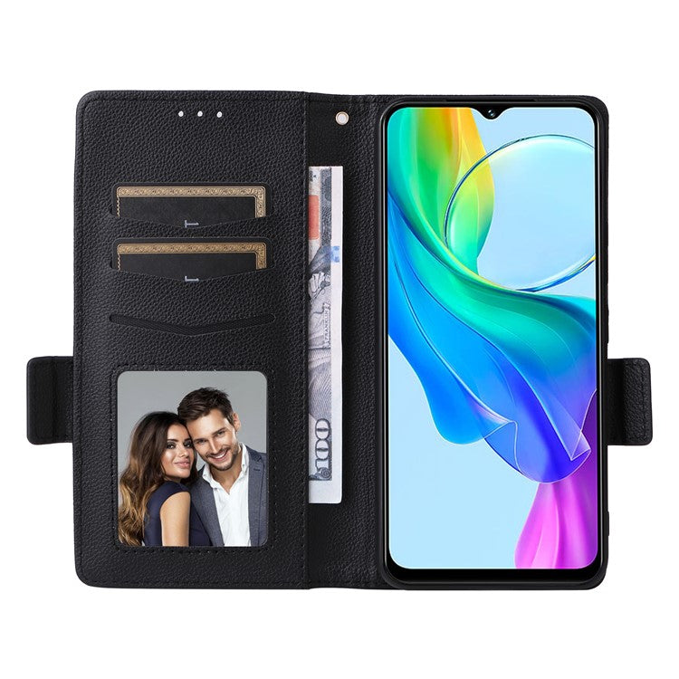 For vivo Y28s 5G / T3 Lite 5G / Y03 / Y18 4G / Y18e 4G Case PU Leather Wallet Wrist Strap Magnetic Closure Phone Cover - Black