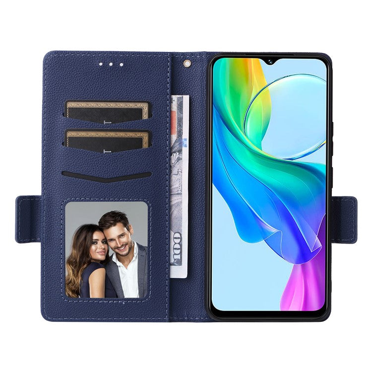 For vivo Y28s 5G / T3 Lite 5G / Y03 / Y18 4G / Y18e 4G Case PU Leather Wallet Wrist Strap Magnetic Closure Phone Cover - Dark Blue