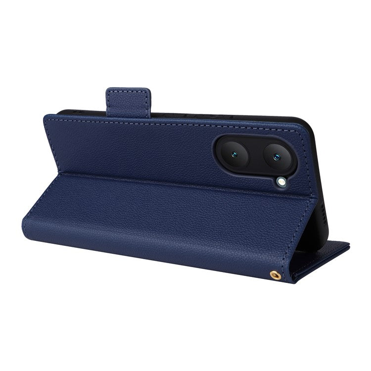 For vivo Y28s 5G / T3 Lite 5G / Y03 / Y18 4G / Y18e 4G Case PU Leather Wallet Wrist Strap Magnetic Closure Phone Cover - Dark Blue