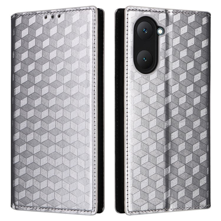 For vivo Y28s 5G / T3 Lite 5G / Y03 / Y18 4G / Y18e 4G Protective Case Magnetic Closing Rhombus Imprinting Leather Phone Shell - Silver