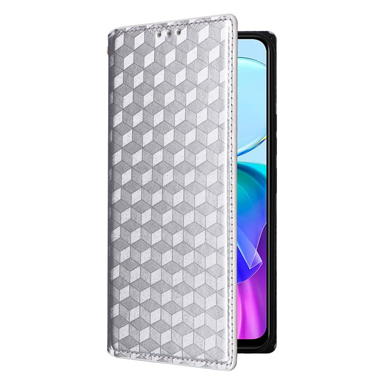 For vivo Y28s 5G / T3 Lite 5G / Y03 / Y18 4G / Y18e 4G Protective Case Magnetic Closing Rhombus Imprinting Leather Phone Shell - Silver