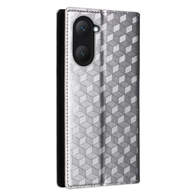 For vivo Y28s 5G / T3 Lite 5G / Y03 / Y18 4G / Y18e 4G Protective Case Magnetic Closing Rhombus Imprinting Leather Phone Shell - Silver