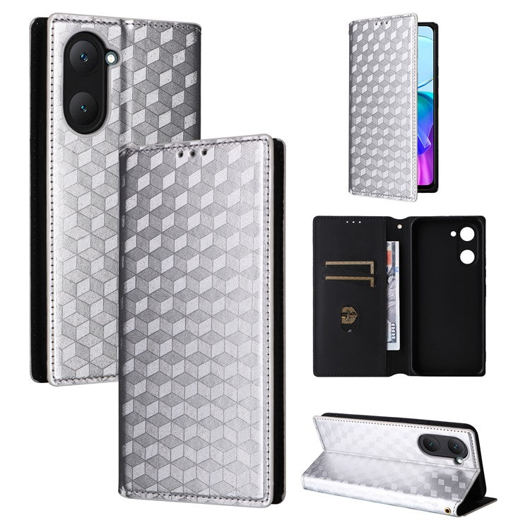 For vivo Y28s 5G / T3 Lite 5G / Y03 / Y18 4G / Y18e 4G Protective Case Magnetic Closing Rhombus Imprinting Leather Phone Shell - Silver