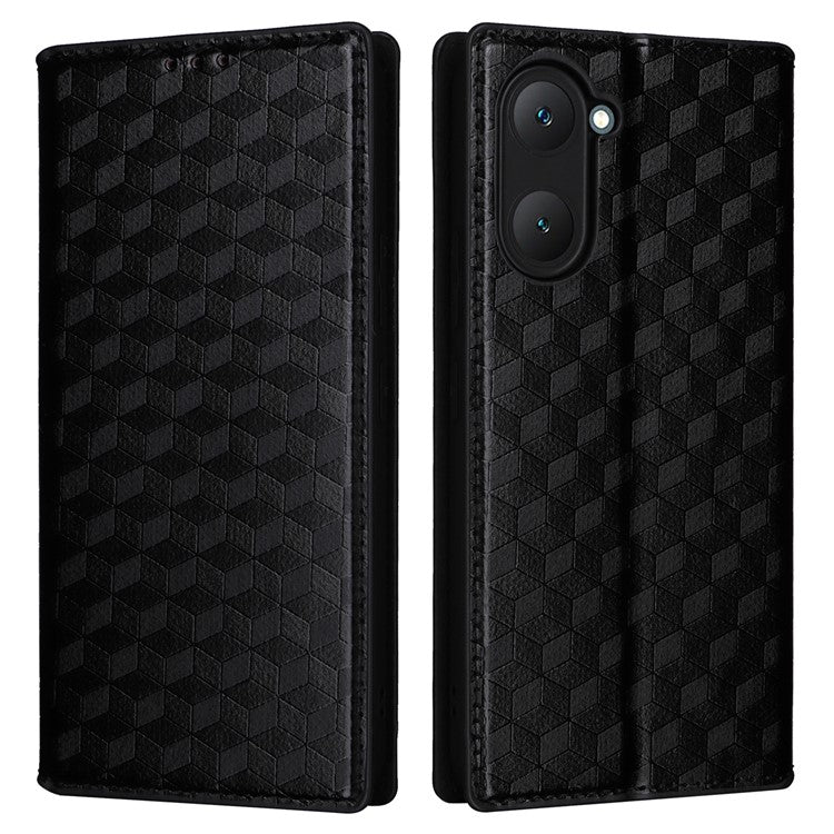 For vivo Y28s 5G / T3 Lite 5G / Y03 / Y18 4G / Y18e 4G Protective Case Magnetic Closing Rhombus Imprinting Leather Phone Shell - Black