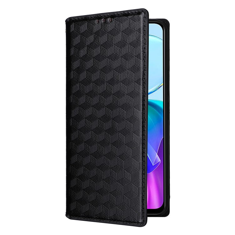 For vivo Y28s 5G / T3 Lite 5G / Y03 / Y18 4G / Y18e 4G Protective Case Magnetic Closing Rhombus Imprinting Leather Phone Shell - Black