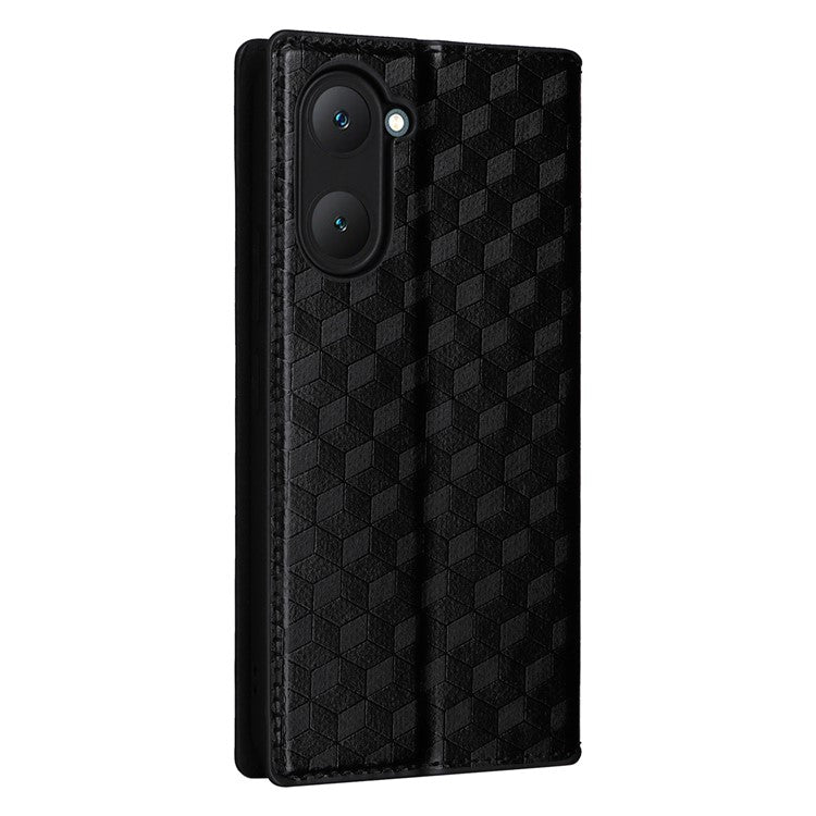 For vivo Y28s 5G / T3 Lite 5G / Y03 / Y18 4G / Y18e 4G Protective Case Magnetic Closing Rhombus Imprinting Leather Phone Shell - Black