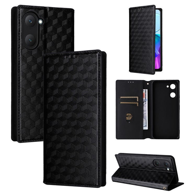 For vivo Y28s 5G / T3 Lite 5G / Y03 / Y18 4G / Y18e 4G Protective Case Magnetic Closing Rhombus Imprinting Leather Phone Shell - Black