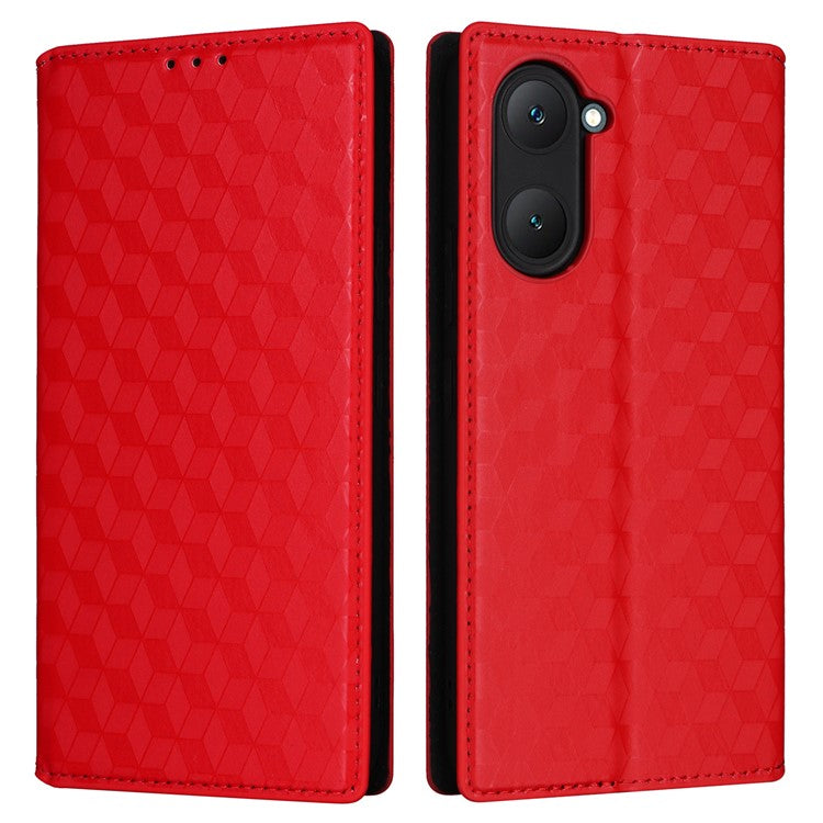 For vivo Y28s 5G / T3 Lite 5G / Y03 / Y18 4G / Y18e 4G Protective Case Magnetic Closing Rhombus Imprinting Leather Phone Shell - Red