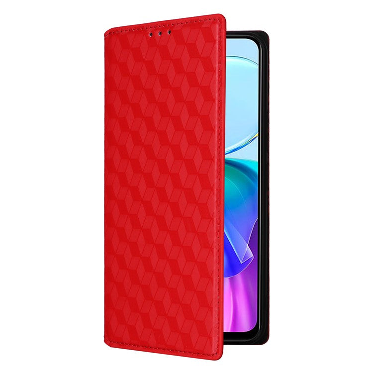 For vivo Y28s 5G / T3 Lite 5G / Y03 / Y18 4G / Y18e 4G Protective Case Magnetic Closing Rhombus Imprinting Leather Phone Shell - Red