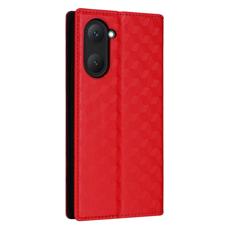 For vivo Y28s 5G / T3 Lite 5G / Y03 / Y18 4G / Y18e 4G Protective Case Magnetic Closing Rhombus Imprinting Leather Phone Shell - Red