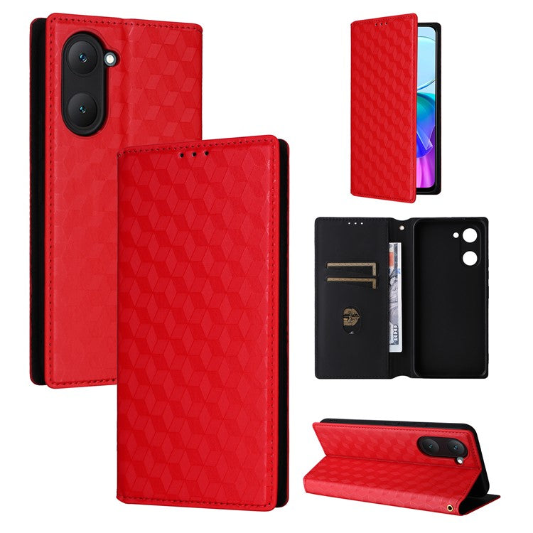 For vivo Y28s 5G / T3 Lite 5G / Y03 / Y18 4G / Y18e 4G Protective Case Magnetic Closing Rhombus Imprinting Leather Phone Shell - Red