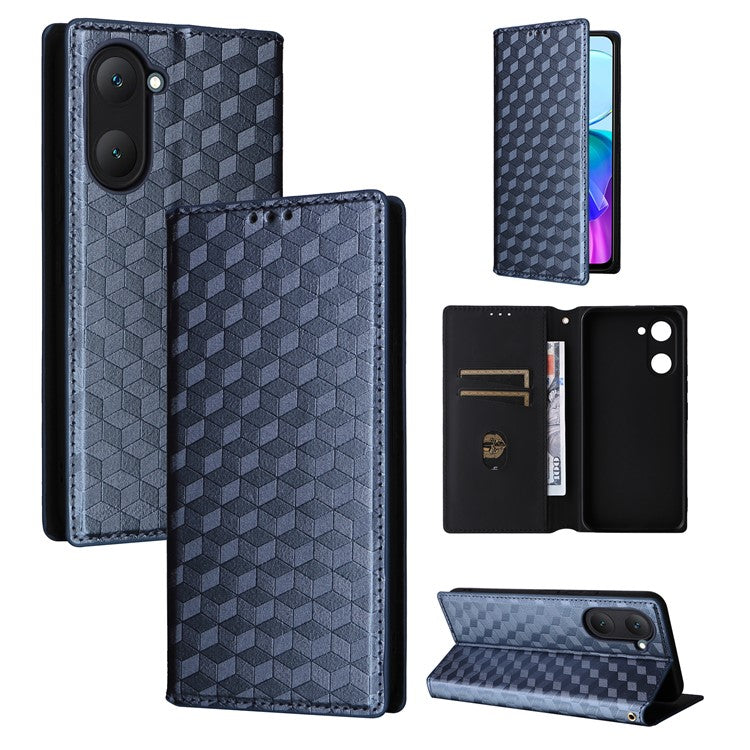 For vivo Y28s 5G / T3 Lite 5G / Y03 / Y18 4G / Y18e 4G Protective Case Magnetic Closing Rhombus Imprinting Leather Phone Shell - Blue