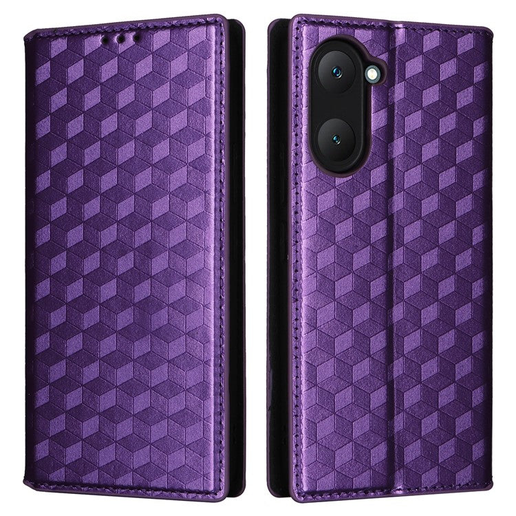 For vivo Y28s 5G / T3 Lite 5G / Y03 / Y18 4G / Y18e 4G Protective Case Magnetic Closing Rhombus Imprinting Leather Phone Shell - Purple