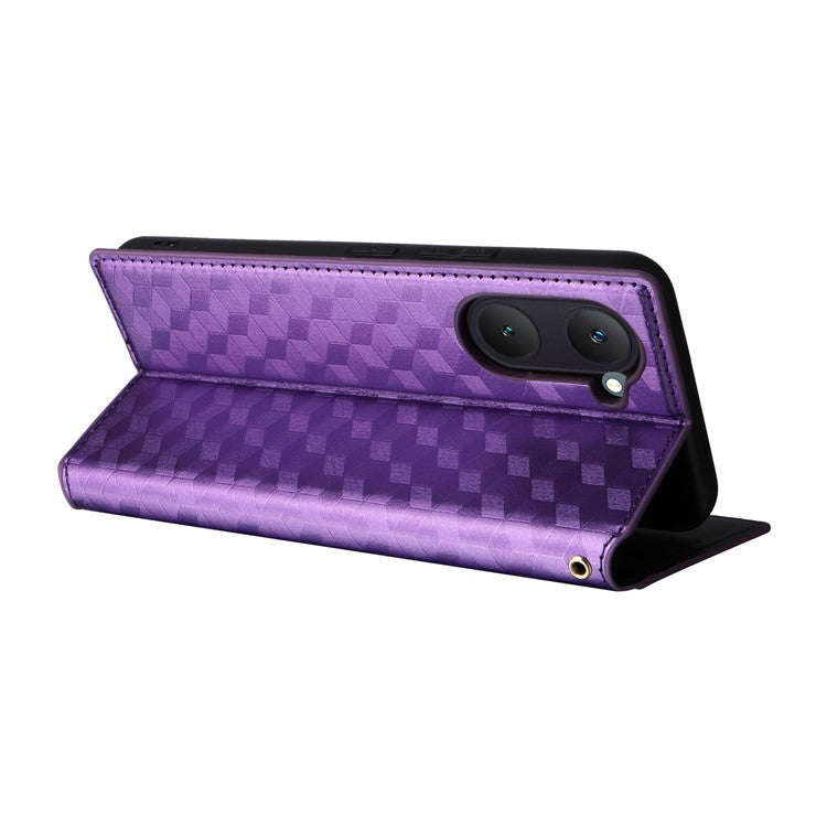 For vivo Y28s 5G / T3 Lite 5G / Y03 / Y18 4G / Y18e 4G Protective Case Magnetic Closing Rhombus Imprinting Leather Phone Shell - Purple