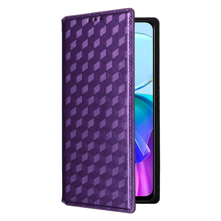 For vivo Y28s 5G / T3 Lite 5G / Y03 / Y18 4G / Y18e 4G Protective Case Magnetic Closing Rhombus Imprinting Leather Phone Shell - Purple