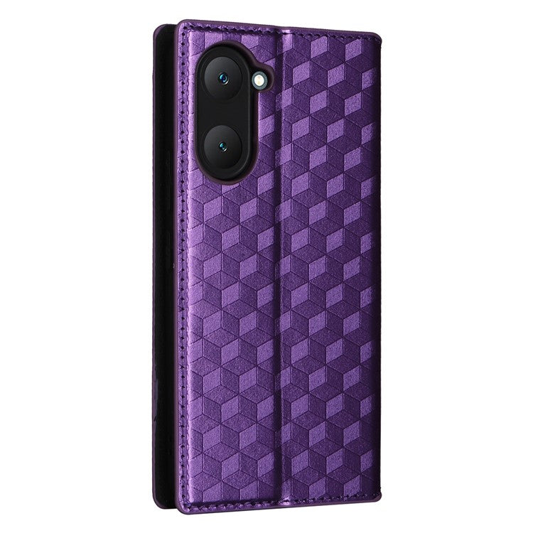 For vivo Y28s 5G / T3 Lite 5G / Y03 / Y18 4G / Y18e 4G Protective Case Magnetic Closing Rhombus Imprinting Leather Phone Shell - Purple