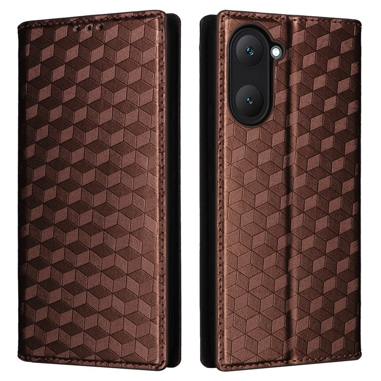 For vivo Y28s 5G / T3 Lite 5G / Y03 / Y18 4G / Y18e 4G Protective Case Magnetic Closing Rhombus Imprinting Leather Phone Shell - Brown