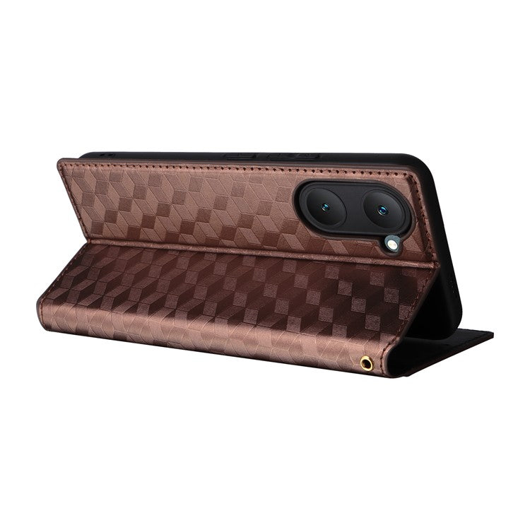 For vivo Y28s 5G / T3 Lite 5G / Y03 / Y18 4G / Y18e 4G Protective Case Magnetic Closing Rhombus Imprinting Leather Phone Shell - Brown