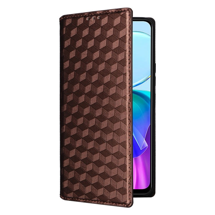 For vivo Y28s 5G / T3 Lite 5G / Y03 / Y18 4G / Y18e 4G Protective Case Magnetic Closing Rhombus Imprinting Leather Phone Shell - Brown