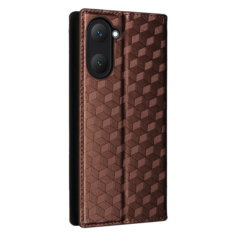 For vivo Y28s 5G / T3 Lite 5G / Y03 / Y18 4G / Y18e 4G Protective Case Magnetic Closing Rhombus Imprinting Leather Phone Shell - Brown