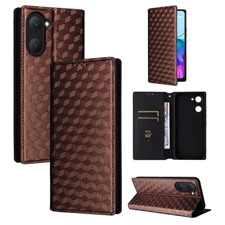 For vivo Y28s 5G / T3 Lite 5G / Y03 / Y18 4G / Y18e 4G Protective Case Magnetic Closing Rhombus Imprinting Leather Phone Shell - Brown