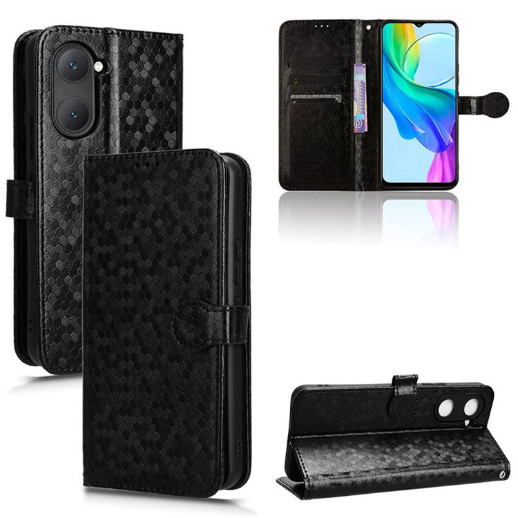 For vivo Y03 Case Dots Imprinted Shockproof Wallet Phone Cover - Black