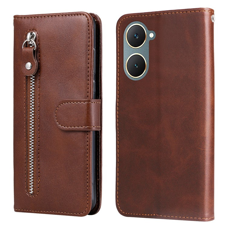 For vivo Y03 Case Zipper Pocket Wallet Calf Texture Leather Phone Cover - Brown