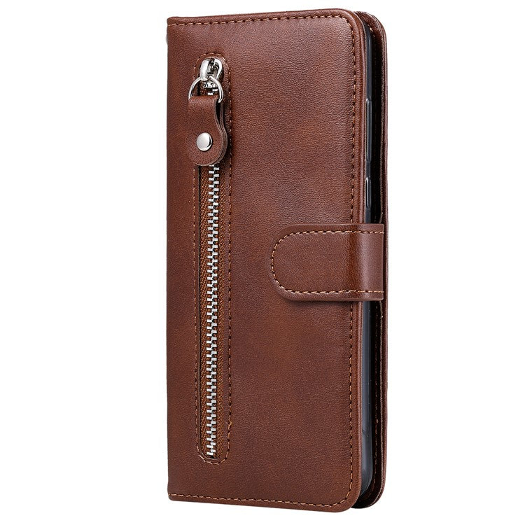 For vivo Y03 Case Zipper Pocket Wallet Calf Texture Leather Phone Cover - Brown