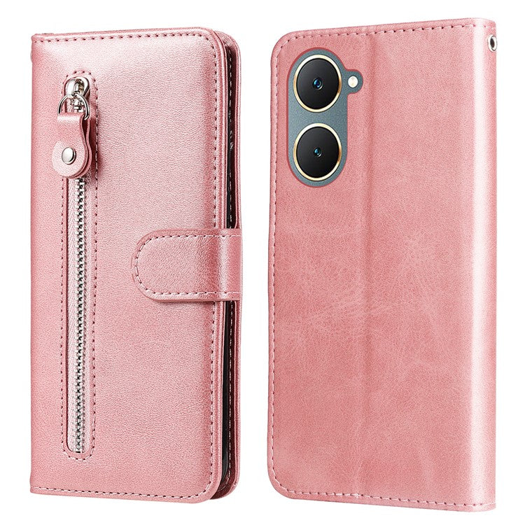 For vivo Y03 Case Zipper Pocket Wallet Calf Texture Leather Phone Cover - Pink