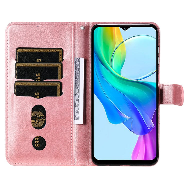 For vivo Y03 Case Zipper Pocket Wallet Calf Texture Leather Phone Cover - Pink