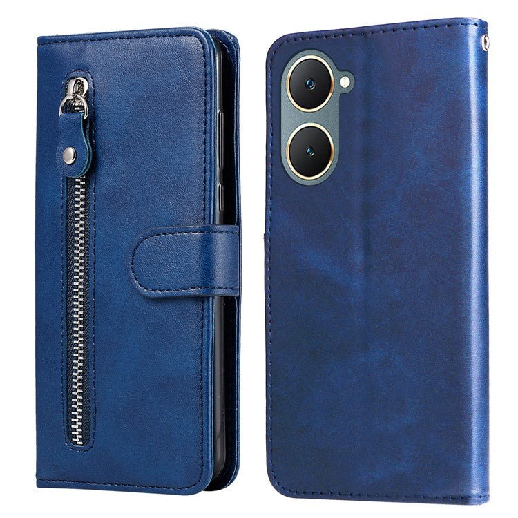 For vivo Y03 Case Zipper Pocket Wallet Calf Texture Leather Phone Cover - Blue