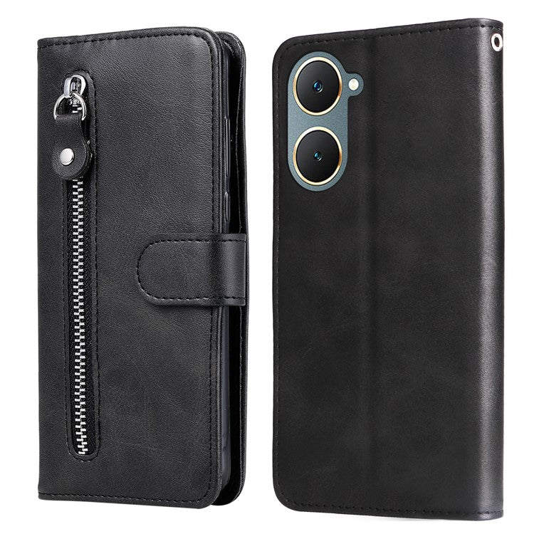 For vivo Y03 Case Zipper Pocket Wallet Calf Texture Leather Phone Cover - Black