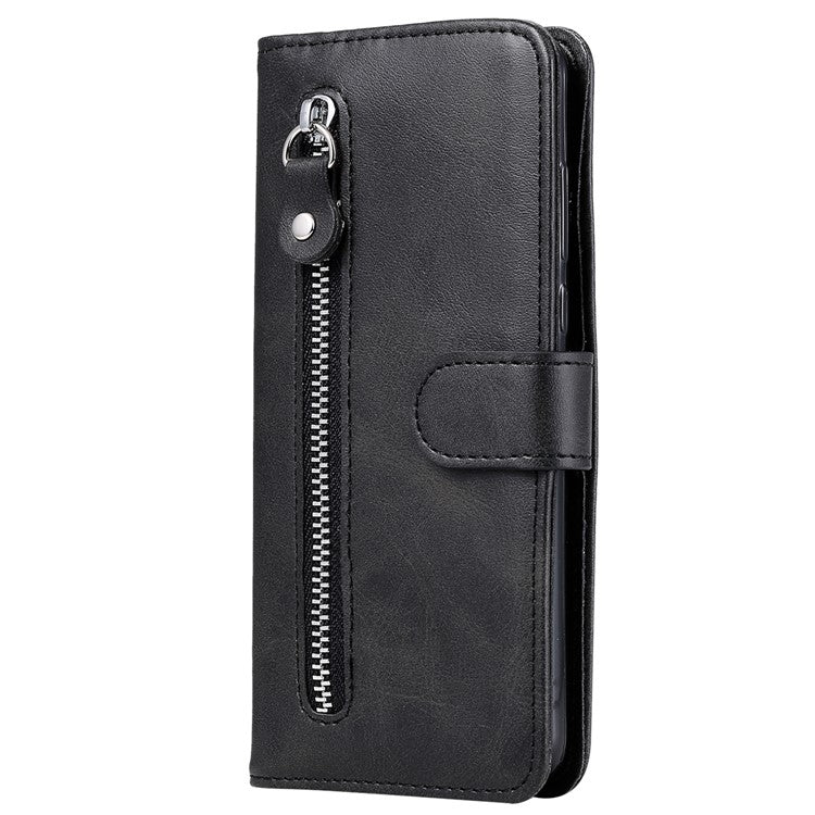 For vivo Y03 Case Zipper Pocket Wallet Calf Texture Leather Phone Cover - Black