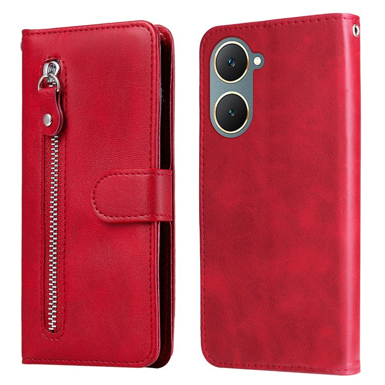 For vivo Y03 Case Zipper Pocket Wallet Calf Texture Leather Phone Cover - Red