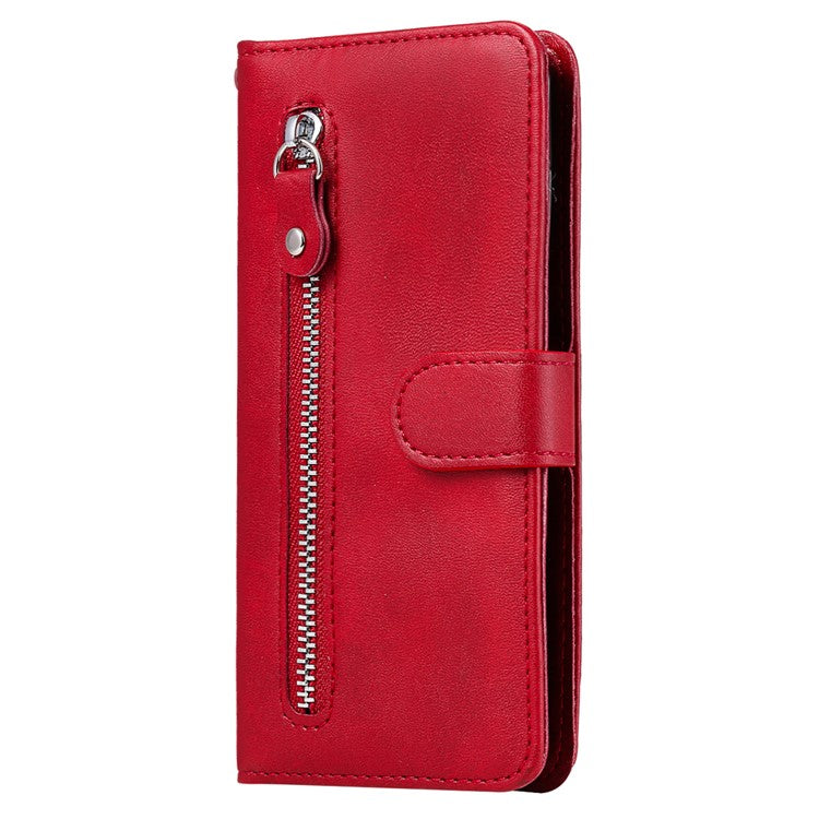 For vivo Y03 Case Zipper Pocket Wallet Calf Texture Leather Phone Cover - Red