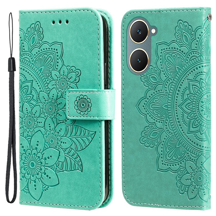 For vivo Y03 Cell Phone Cases Imprinted Flower Pattern Stand Cover with Hand Strap - Green