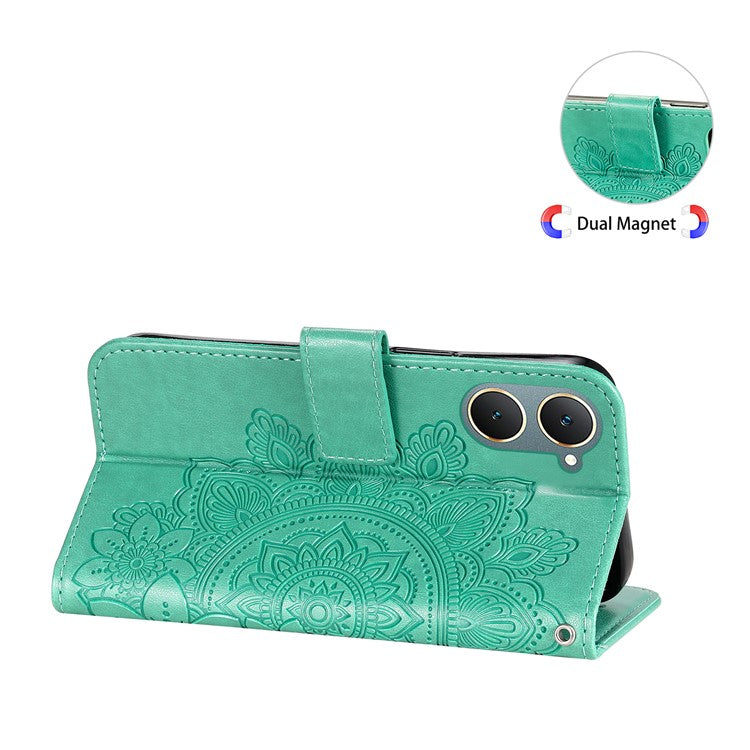 For vivo Y03 Cell Phone Cases Imprinted Flower Pattern Stand Cover with Hand Strap - Green