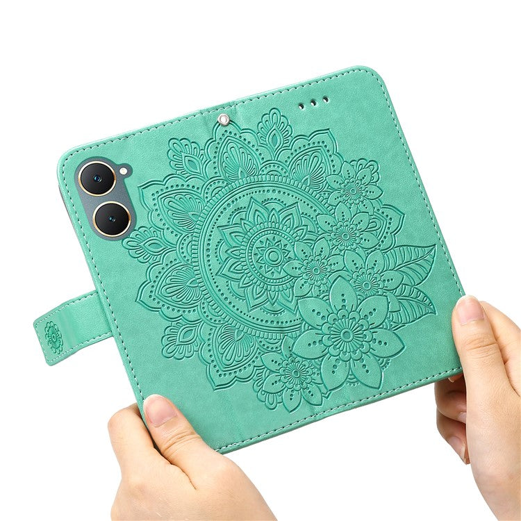 For vivo Y03 Cell Phone Cases Imprinted Flower Pattern Stand Cover with Hand Strap - Green