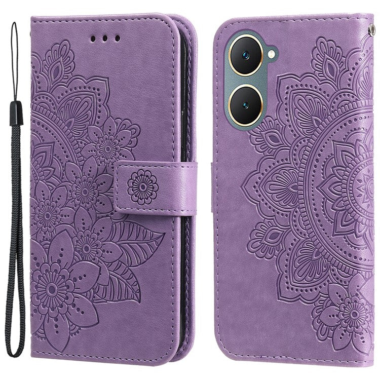 For vivo Y03 Cell Phone Cases Imprinted Flower Pattern Stand Cover with Hand Strap - Purple