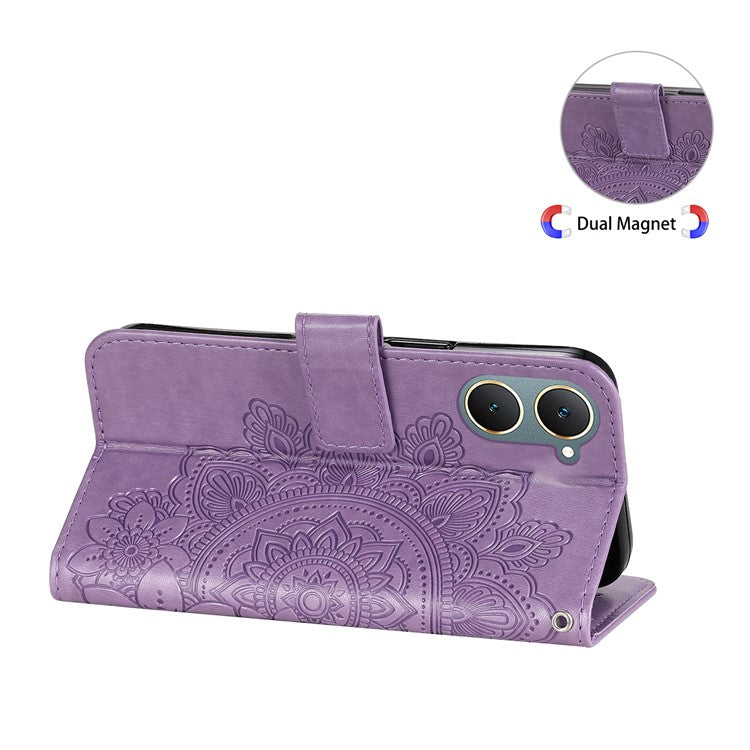 For vivo Y03 Cell Phone Cases Imprinted Flower Pattern Stand Cover with Hand Strap - Purple