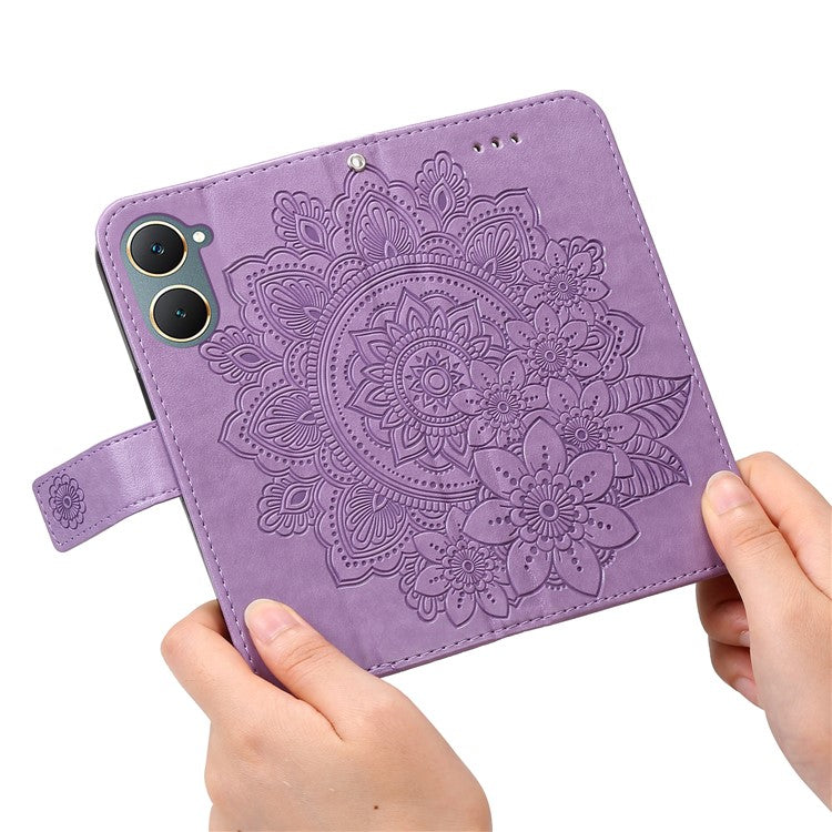 For vivo Y03 Cell Phone Cases Imprinted Flower Pattern Stand Cover with Hand Strap - Purple