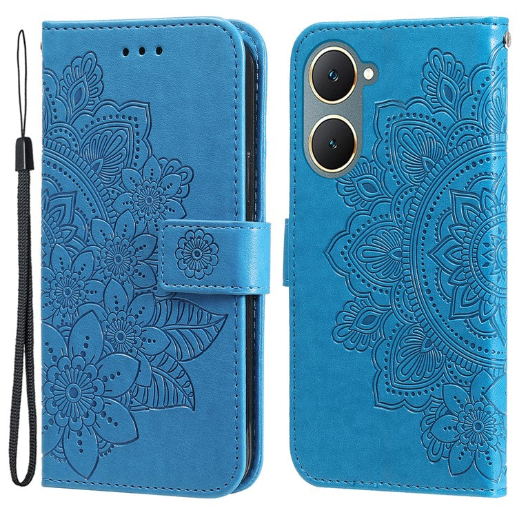 For vivo Y03 Cell Phone Cases Imprinted Flower Pattern Stand Cover with Hand Strap - Blue